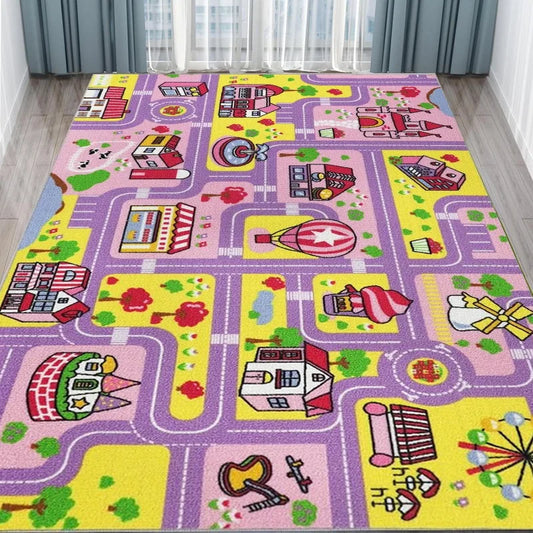 Boy and Girl Game Carpet Blue Pink Green Soft Climbing Mat Urban Road Rail Transit Carpet Office Children's Room Decoration