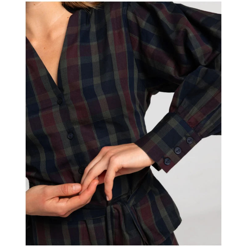 Women Chic Lace Up Checkered Skirt Suit Elegant V-neck Long Lantern Sleeve Top Long Skirts Set 2026 Spring Lady Commute outfits