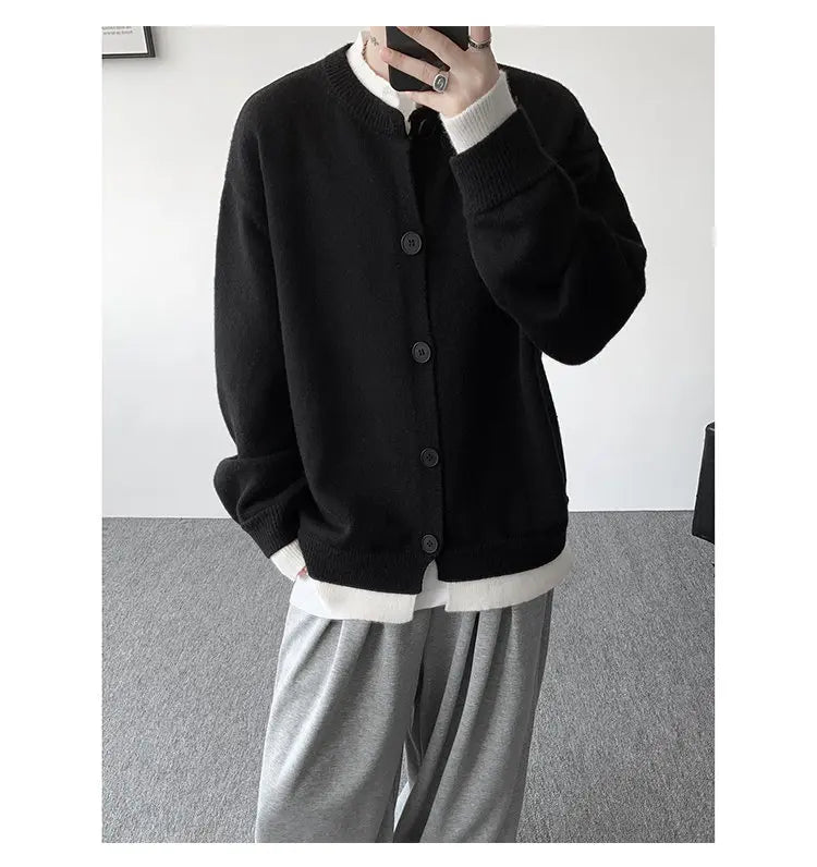 Men's Casual Contrast Color Cardigan Sweater Loose Button Front Knitted Coat for Daily Wear