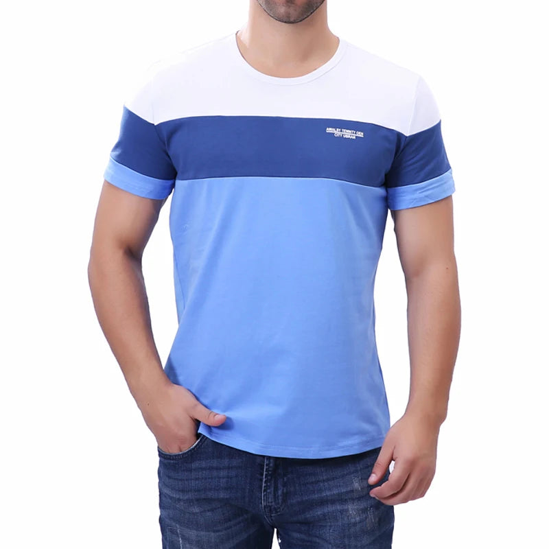 Summer Men's Patchwork Contrast Color Short Sleeve T Shirt Casual Round Neck Cotton Slim Fit T-Shirts Hip Hop Streetwears