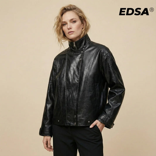 EDSA Women PU Leather Bomber Jacket Motorcycle Coat Black Spliced Zipper Fly Pu Leather Coat For Female New Street Style