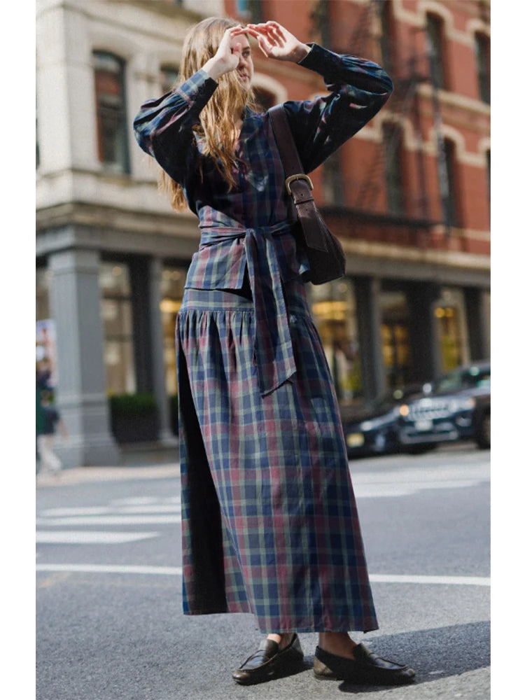 Women Chic Lace Up Checkered Skirt Suit Elegant V-neck Long Lantern Sleeve Top Long Skirts Set 2026 Spring Lady Commute outfits