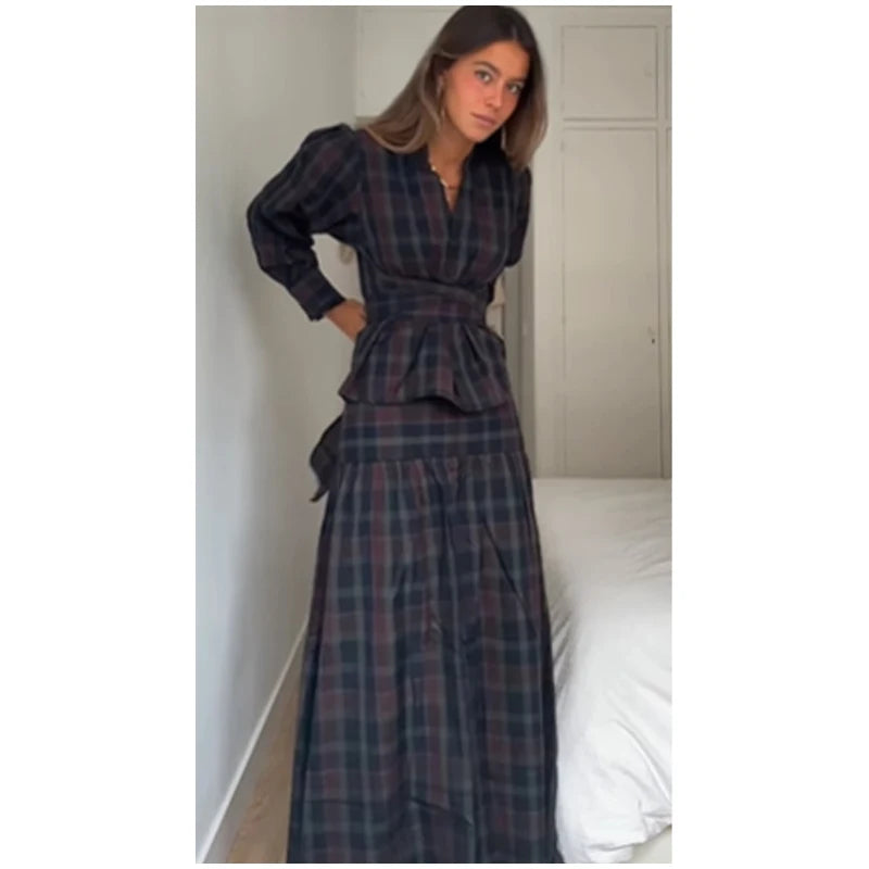 Women Chic Lace Up Checkered Skirt Suit Elegant V-neck Long Lantern Sleeve Top Long Skirts Set 2026 Spring Lady Commute outfits