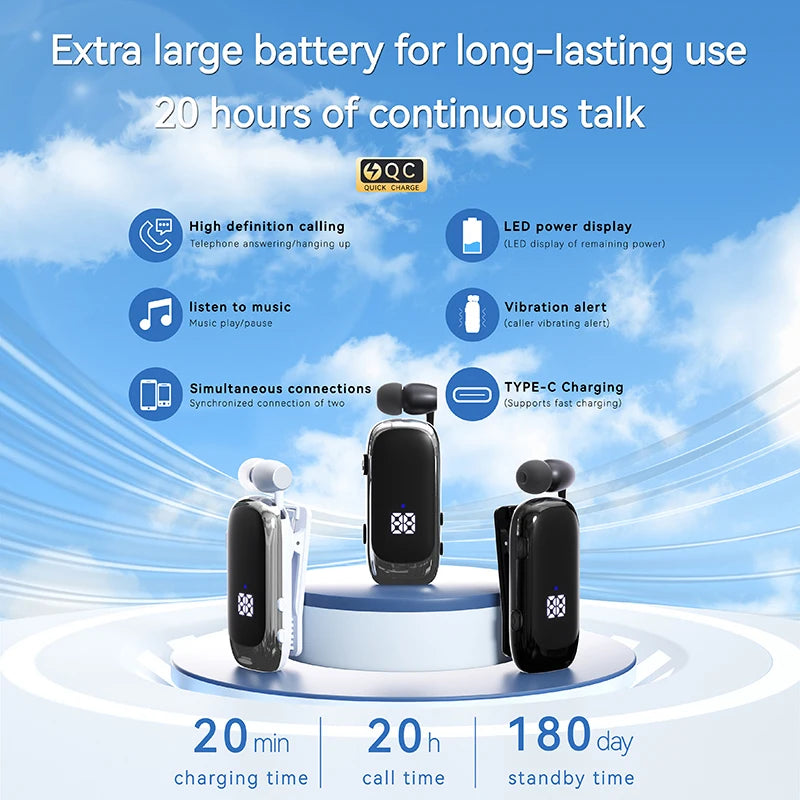 K88 Lavalier Business Bluetooth 5.4 Headphone Talk/Music Time 20 Hours,LED Digital Display,Noice Cancelling Wireless Earphones