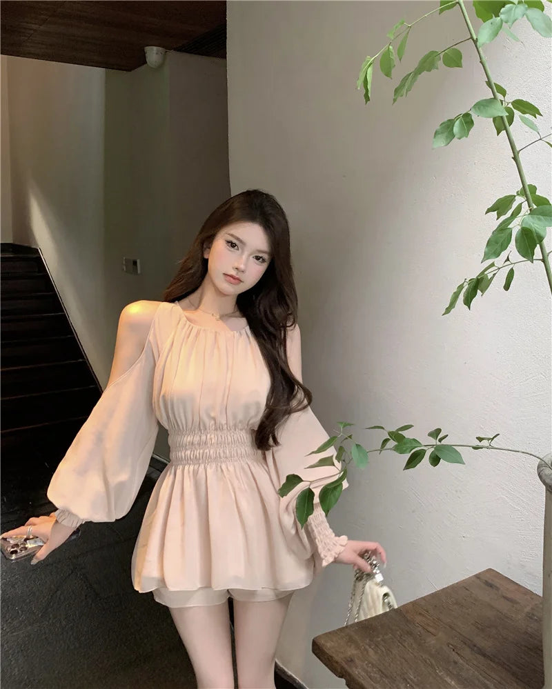 oulder Bared Bubble Sve High Waist ort Set Women's Faion 2025 Autumn Spring Chiffon Top And orts Two Piece Set