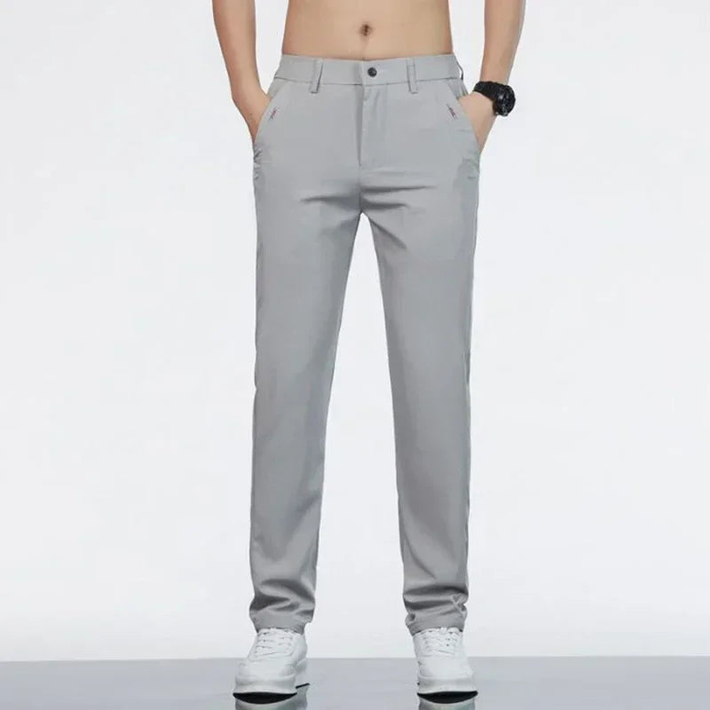 Men Ice Silk Thin Classic Casual Pants Male Slim Fit Straight Leg Daily Business Trousers Fashion Elastic Waist Black Gray Pants