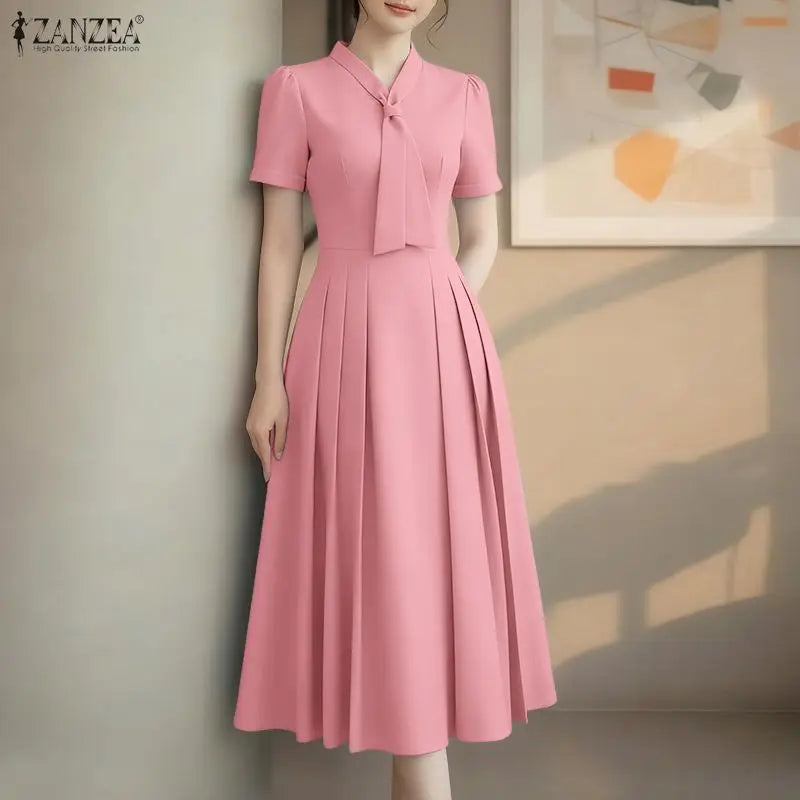 ZANZEA Elegant Office Lady Dresses Women 2026 Summer Dress Stylish A Line Waisted Party Sundress Short Sleeve Pleated Midi Robe