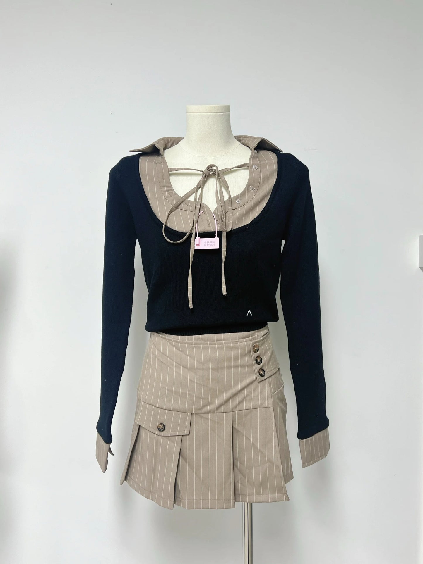 Japanese Sle Autumn Winter Striped f Skirt ort Skirt Set with Tie Long Sve Turn-down Collar Top Women's Hanfu