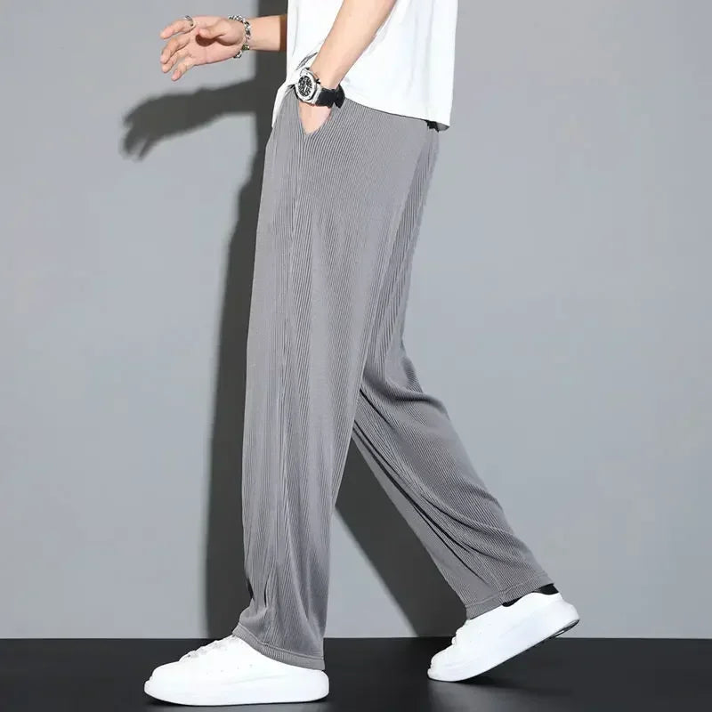 Summer Loose Ice Silk Pants Men's Drape 100KG Size Long Pants Fat Casual Sports Pants Wide Leg Straight Pants Tide Brand