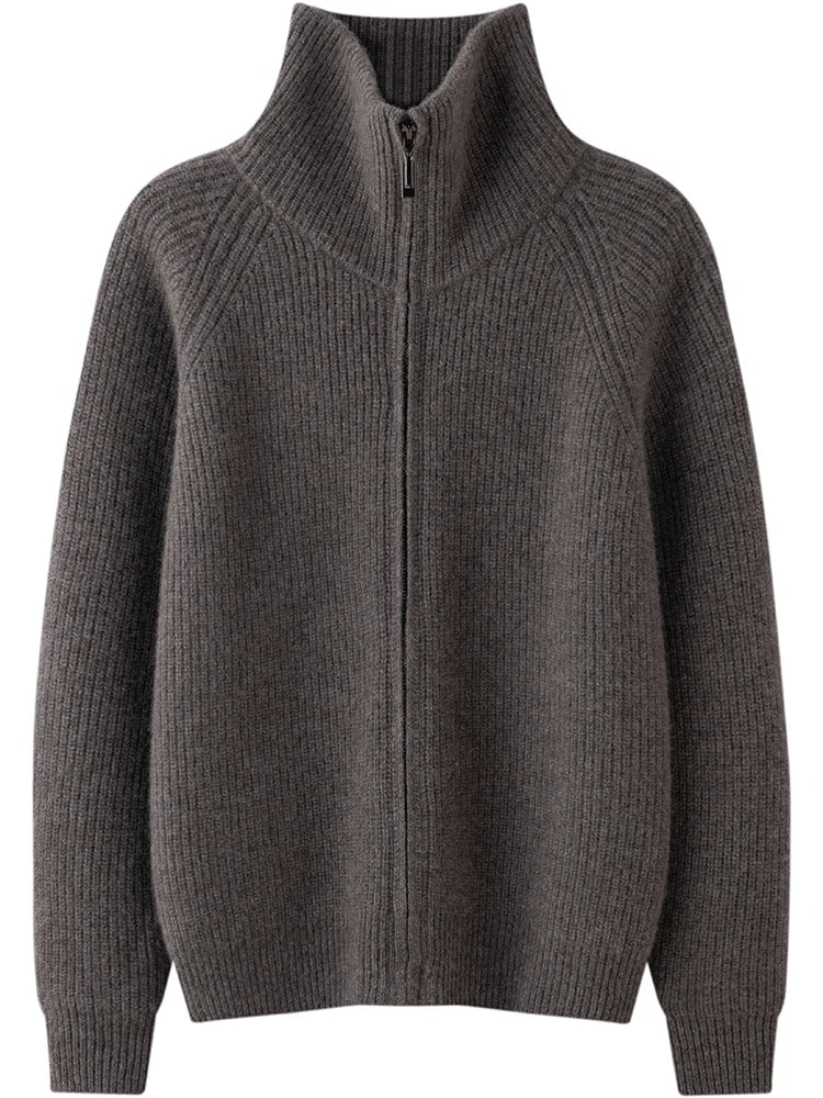 Autumn and winter women's clothing 100% pure cashmere collar thick knit zipper cardigan oversized coat sweater long sleeve loose
