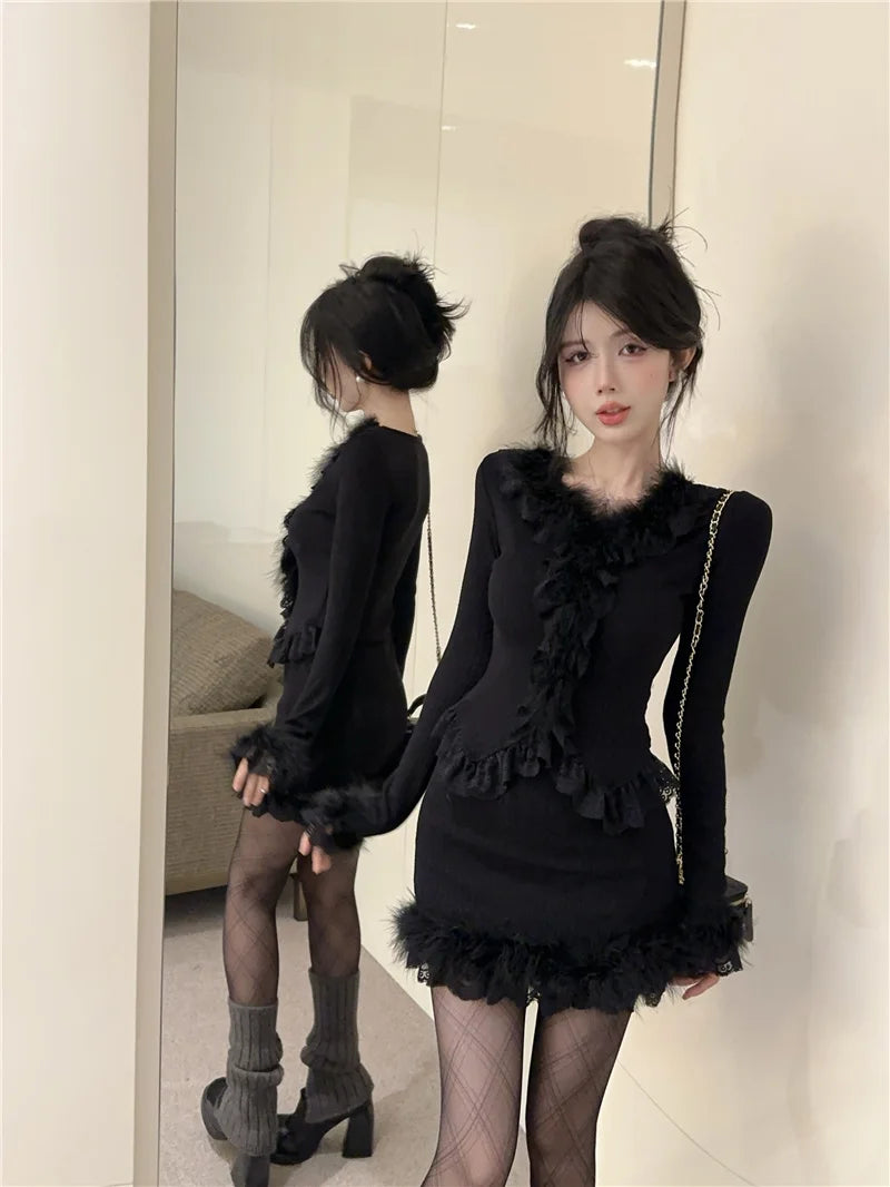 Autumn Winter Lace Splice Knitted Sve High Waist Slim Fit Bodycon Skirt Set V-Ne Soft Pure Desire Long Sve T-irt