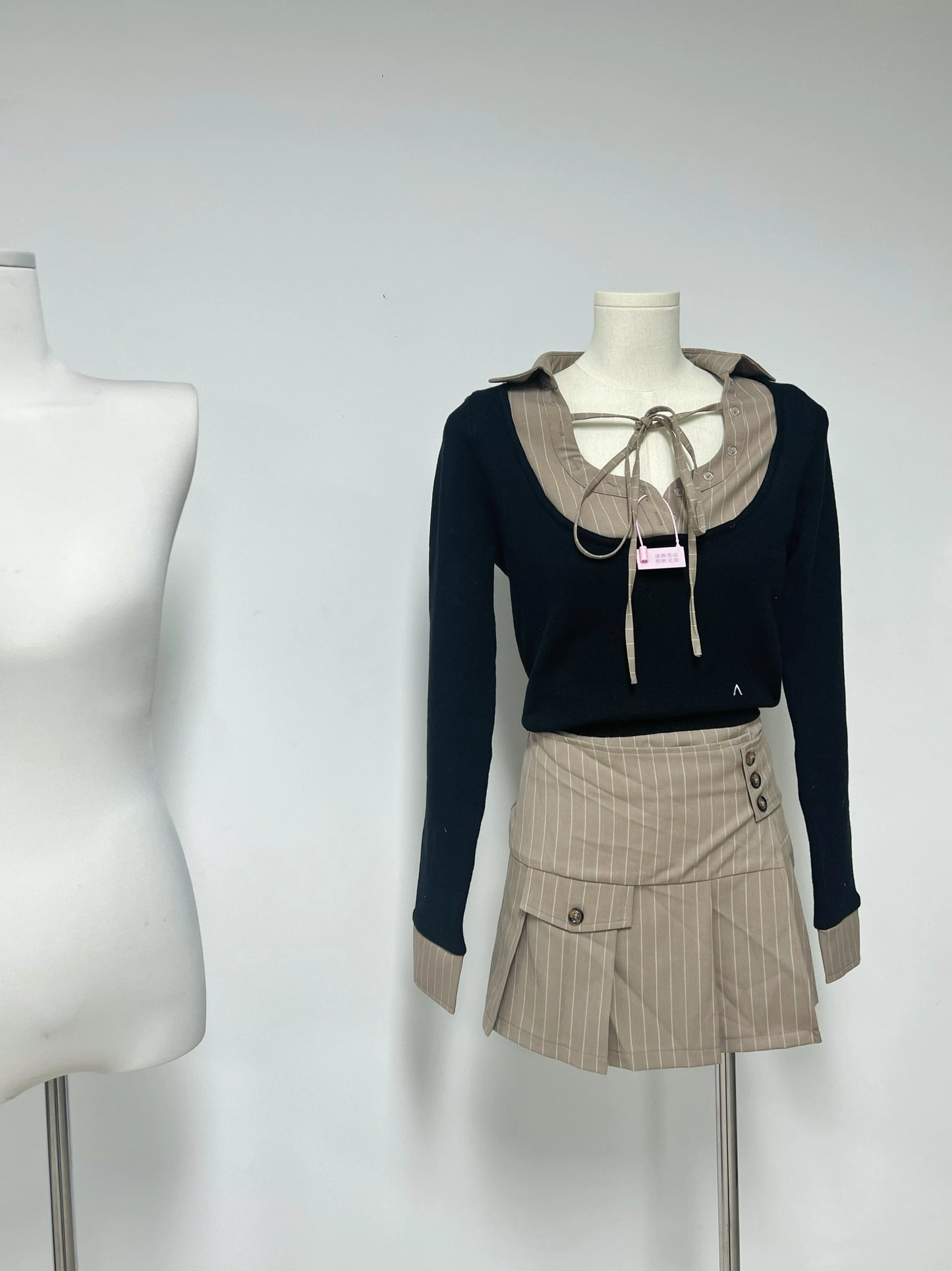 Japanese Sle Autumn Winter Striped f Skirt ort Skirt Set with Tie Long Sve Turn-down Collar Top Women's Hanfu