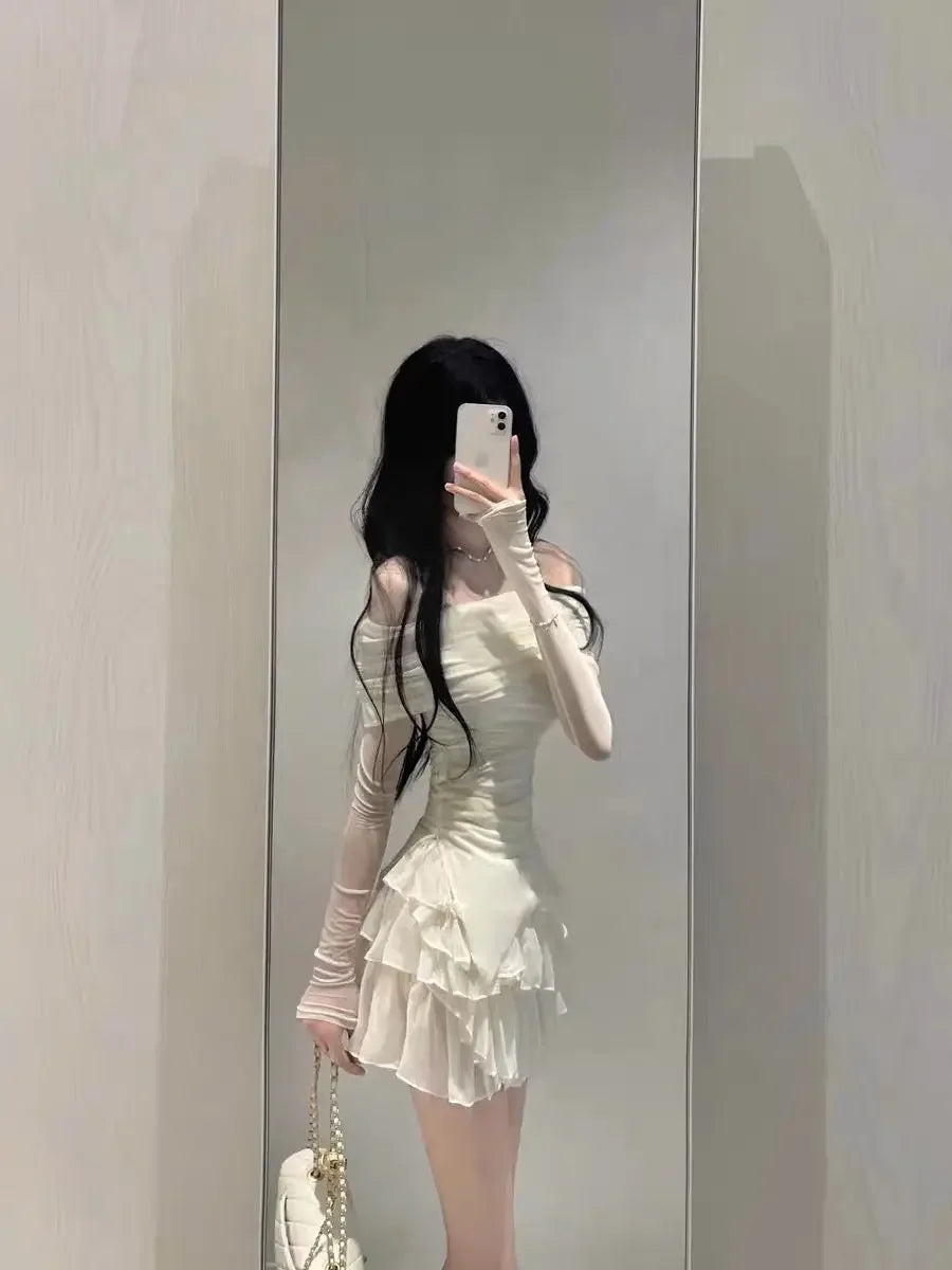 Elegant High-End Feel Summer Fashion 2-Piece Set For Women Off-Shoulder Slimming Top With Cake Skirt Versatile Stylish Dressing