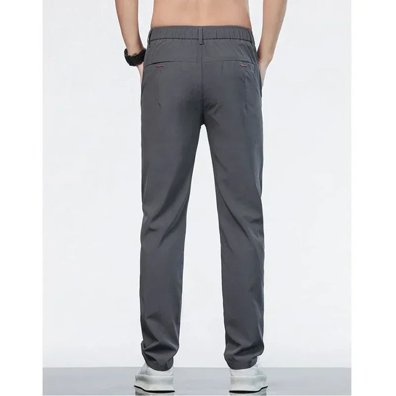 Men Ice Silk Thin Classic Casual Pants Male Slim Fit Straight Leg Daily Business Trousers Fashion Elastic Waist Black Gray Pants