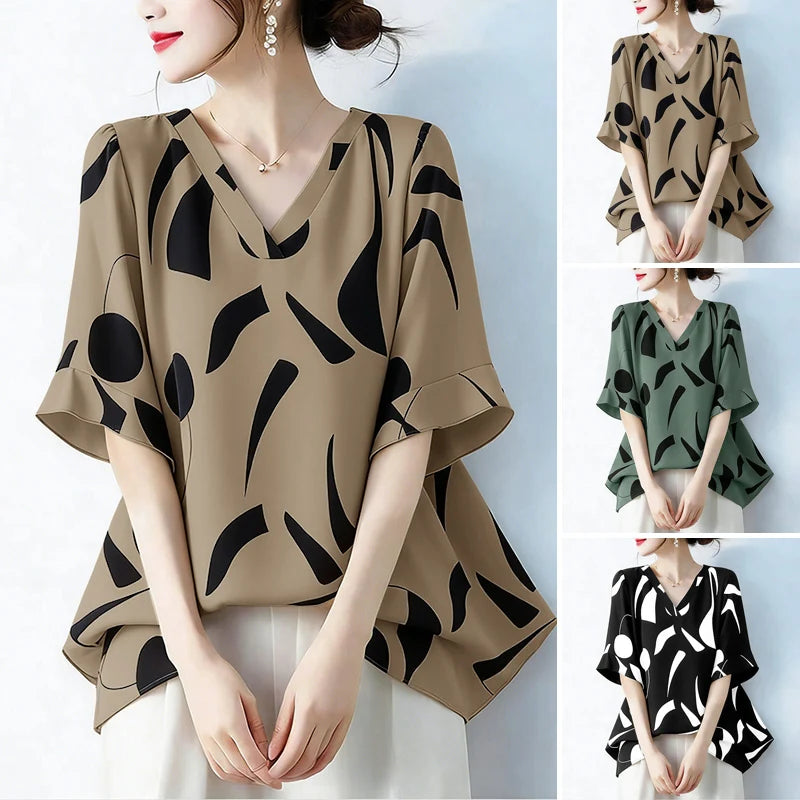 2026 ZANZEA Summer Blouse Women Casual V Neck Short Sleeve Printed Tops Female Loose Chemise Tunic Elegant Work Shirt Oversize