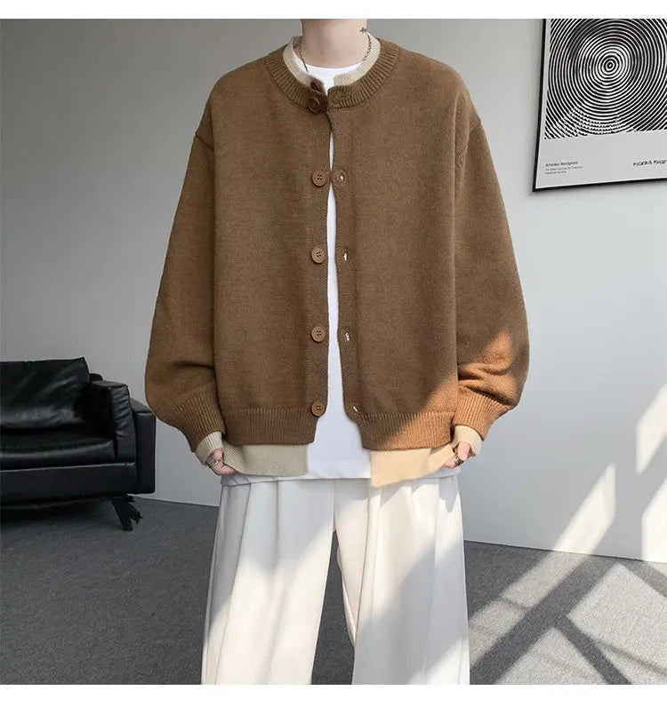 Men's Casual Contrast Color Cardigan Sweater Loose Button Front Knitted Coat for Daily Wear