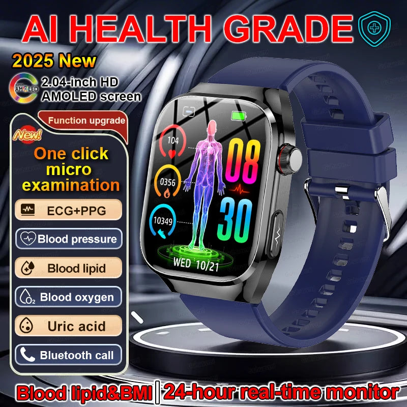 2025 New ECG+PPG Clock Smartwatch Men Uric Acid Blood Pressure Blood Oxygen Body Analysis Heart Health Monitor Smart Watch lady