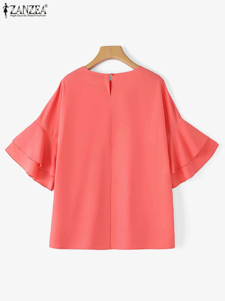 ZANZEA 2025 Fashion Summer Blouse Women Flare Sleeve Casual Tops Loose Ruffled Shirts Solid Color Elegant OL Blusas Femininas