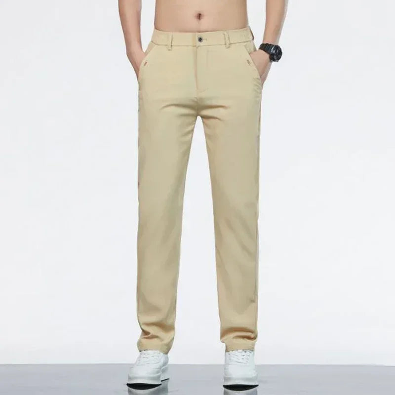 Men Ice Silk Thin Classic Casual Pants Male Slim Fit Straight Leg Daily Business Trousers Fashion Elastic Waist Black Gray Pants