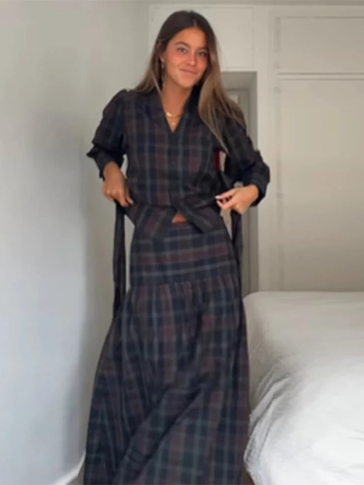 Women Chic Lace Up Checkered Skirt Suit Elegant V-neck Long Lantern Sleeve Top Long Skirts Set 2026 Spring Lady Commute outfits