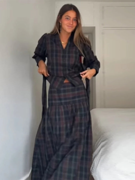 Women Chic Lace Up Checkered Skirt Suit Elegant V-neck Long Lantern Sleeve Top Long Skirts Set 2026 Spring Lady Commute outfits