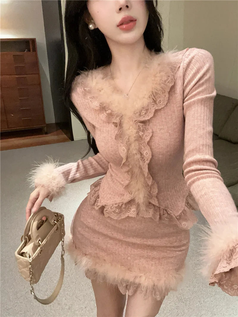 Autumn Winter Lace Splice Knitted Sve High Waist Slim Fit Bodycon Skirt Set V-Ne Soft Pure Desire Long Sve T-irt