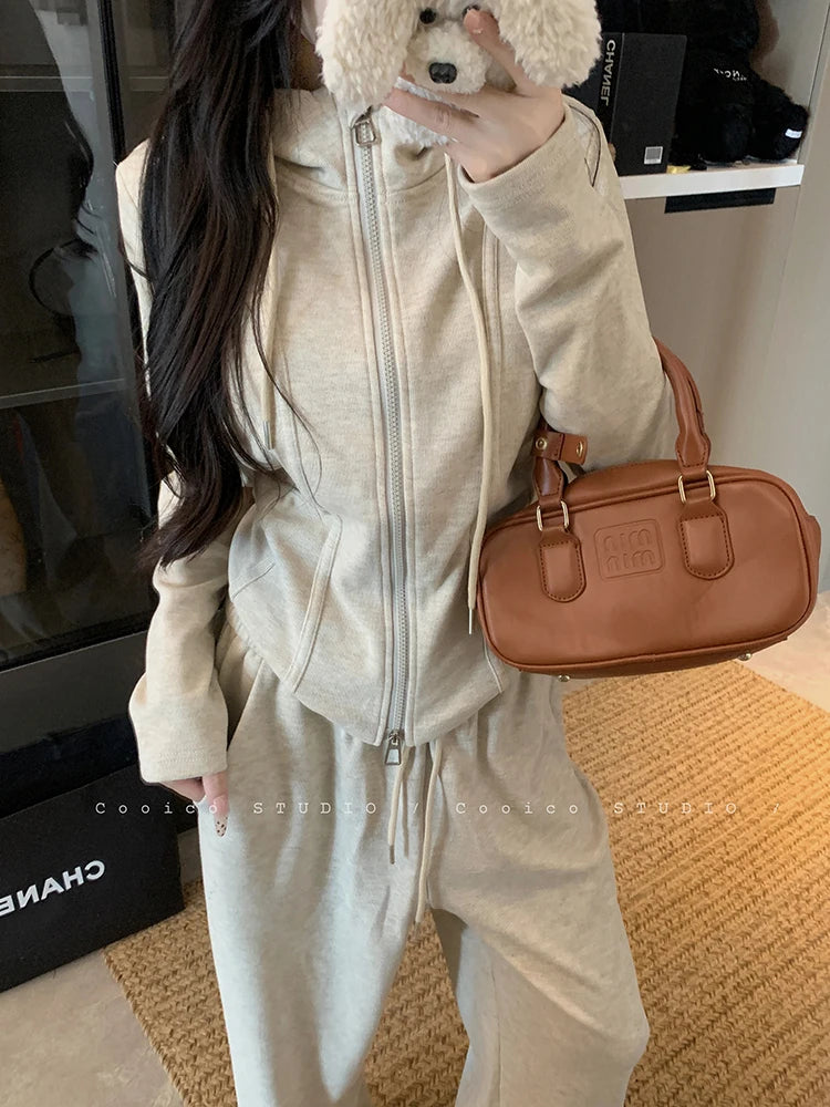 Faionable Lazy Sle Women's Outfit Long Sve Hoodie Wide Leg Casual Pants Two Piece Set Autumn Commute Windbreaker