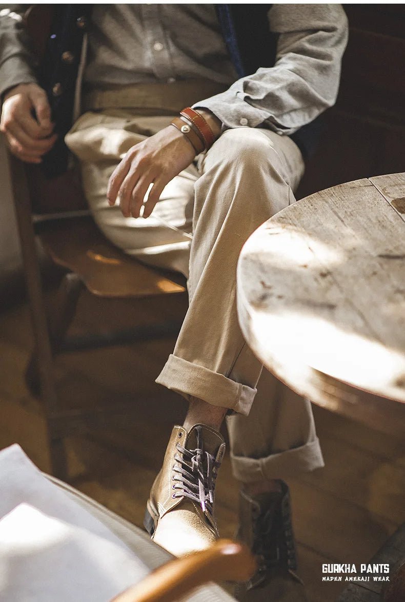Maden Vintage Adjustable High Waist Gurkha Pants Khaki Casual Cargo Work Pants Classic Straight Trousers for Men's Spring Fall
