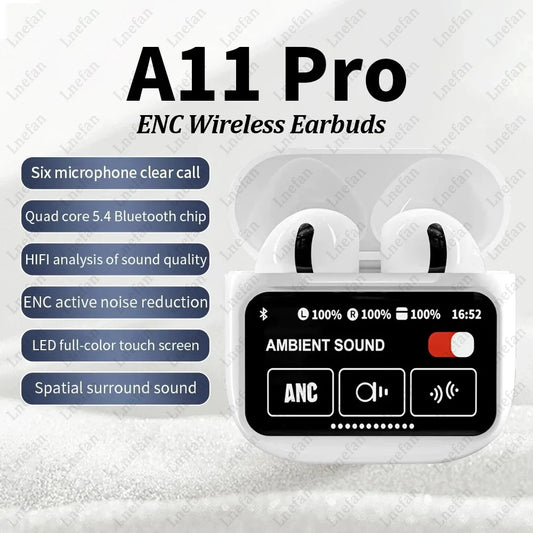 TWS Wireless Earbuds A11 Pro Touch Control LCD Screen Earphone with ENC Noise Cancelling Super Bass Premium Sound Long Battery