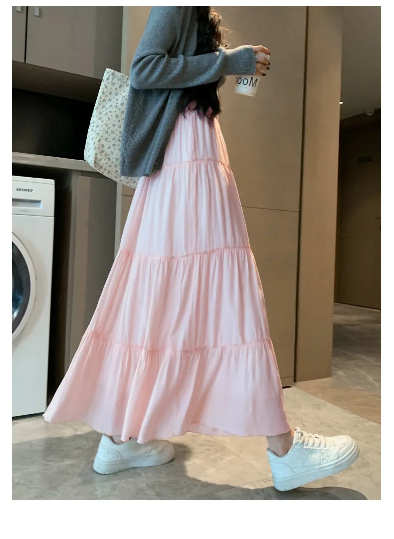 Elegant White Ruffled Long Skirts for Women High Waist A Line Maxi Skirt Woman Spring Summer Casual Loose Korean Umbrella Skirt