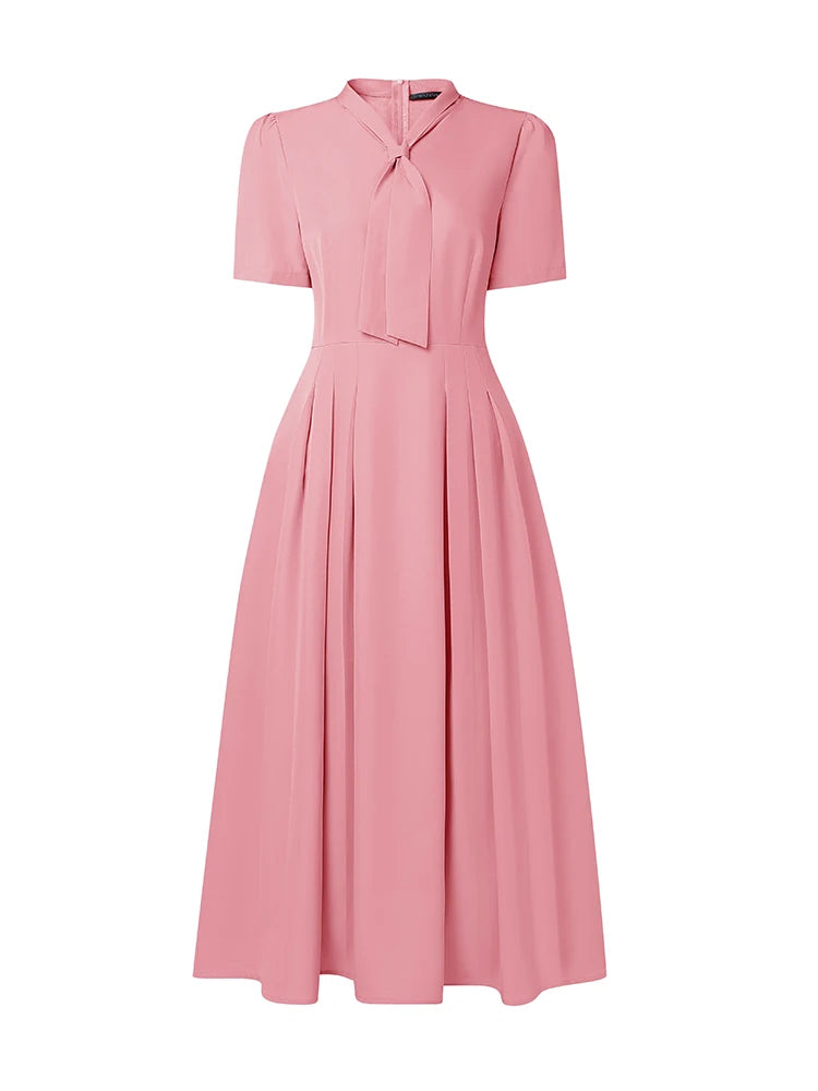 ZANZEA Elegant Office Lady Dresses Women 2026 Summer Dress Stylish A Line Waisted Party Sundress Short Sleeve Pleated Midi Robe