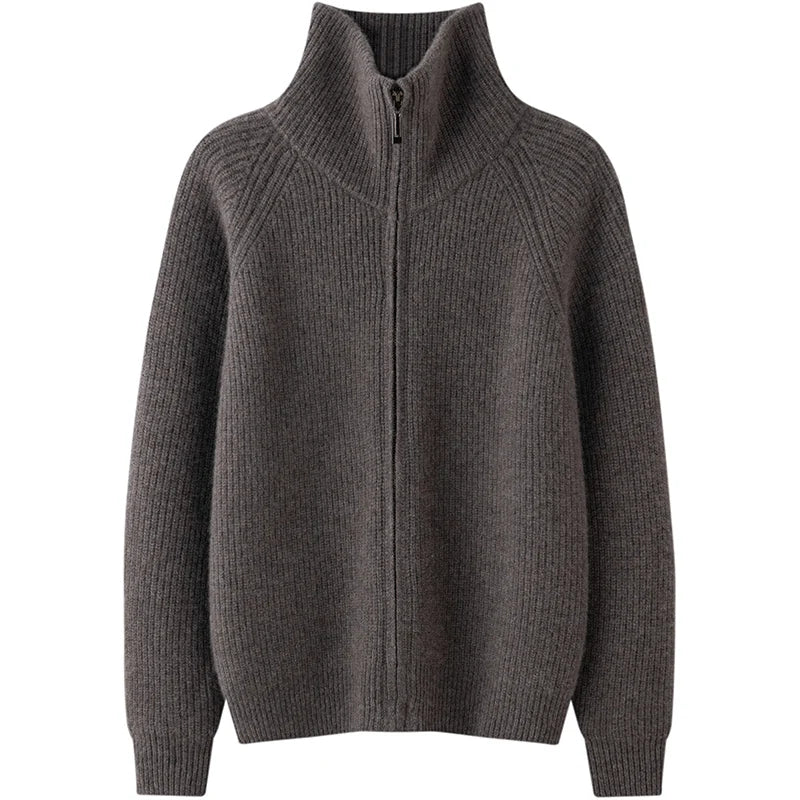 Autumn and winter women's clothing 100% pure cashmere collar thick knit zipper cardigan oversized coat sweater long sleeve loose