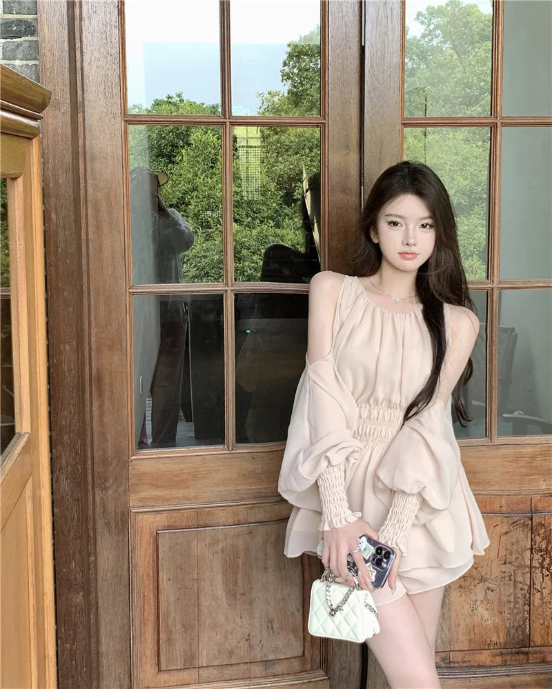 oulder Bared Bubble Sve High Waist ort Set Women's Faion 2025 Autumn Spring Chiffon Top And orts Two Piece Set