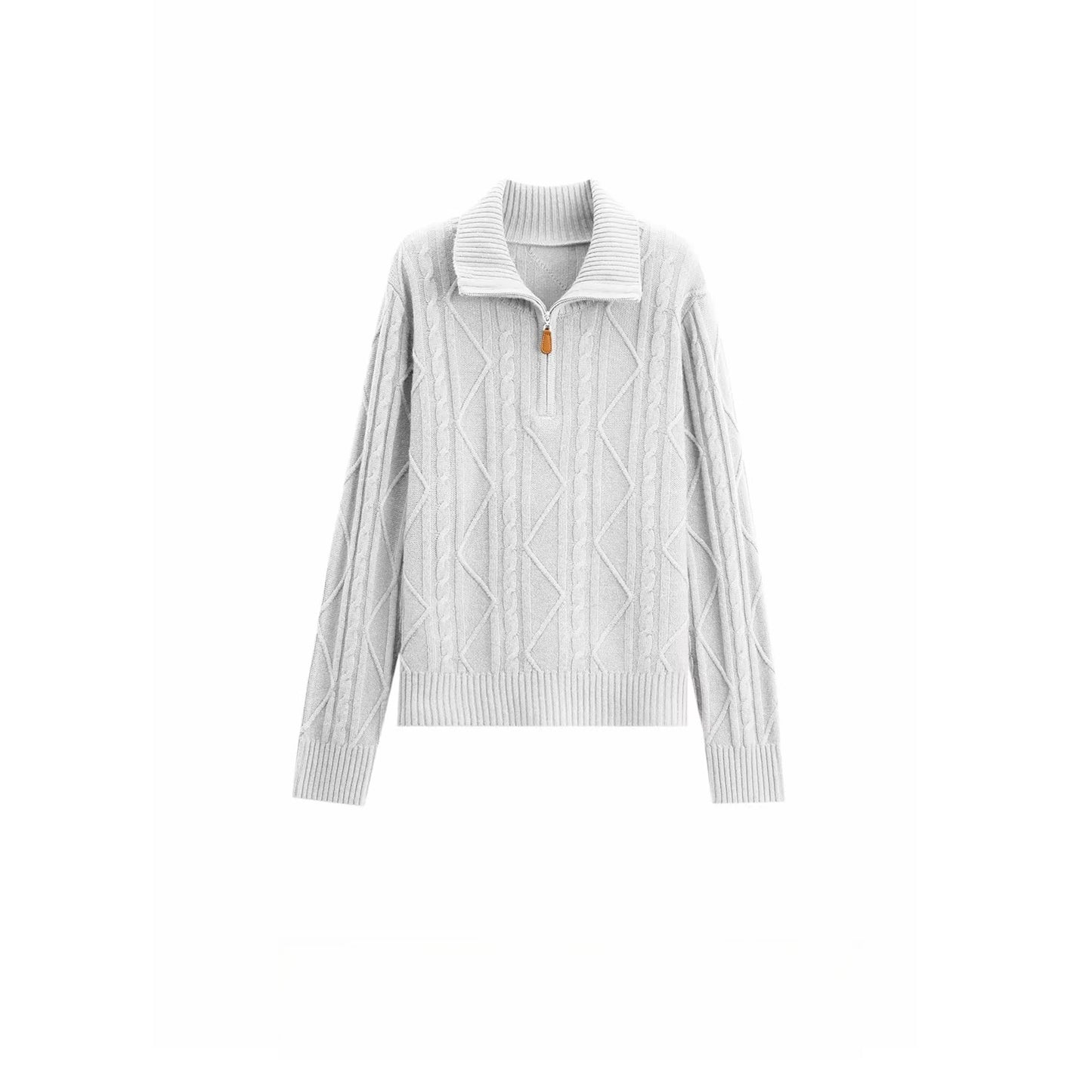 Autumn and winter new lapel zipper twisted pure cashmere knitted long sleeve loose versatile western-style top.