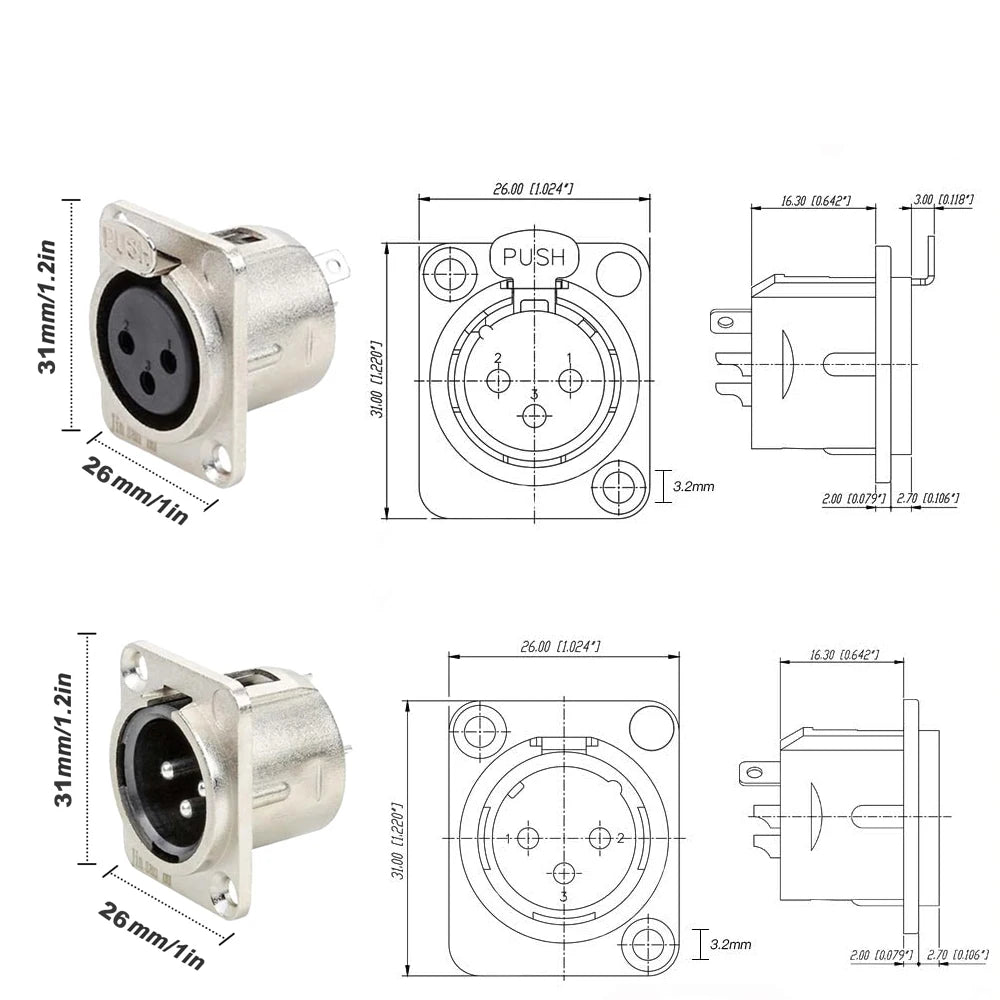 2/5/10pcs XLR Female Male Jack 3 Pin Panel Mount Jacks Connector Copper Contact XLR Metal Socket Audio Microphone Connectors