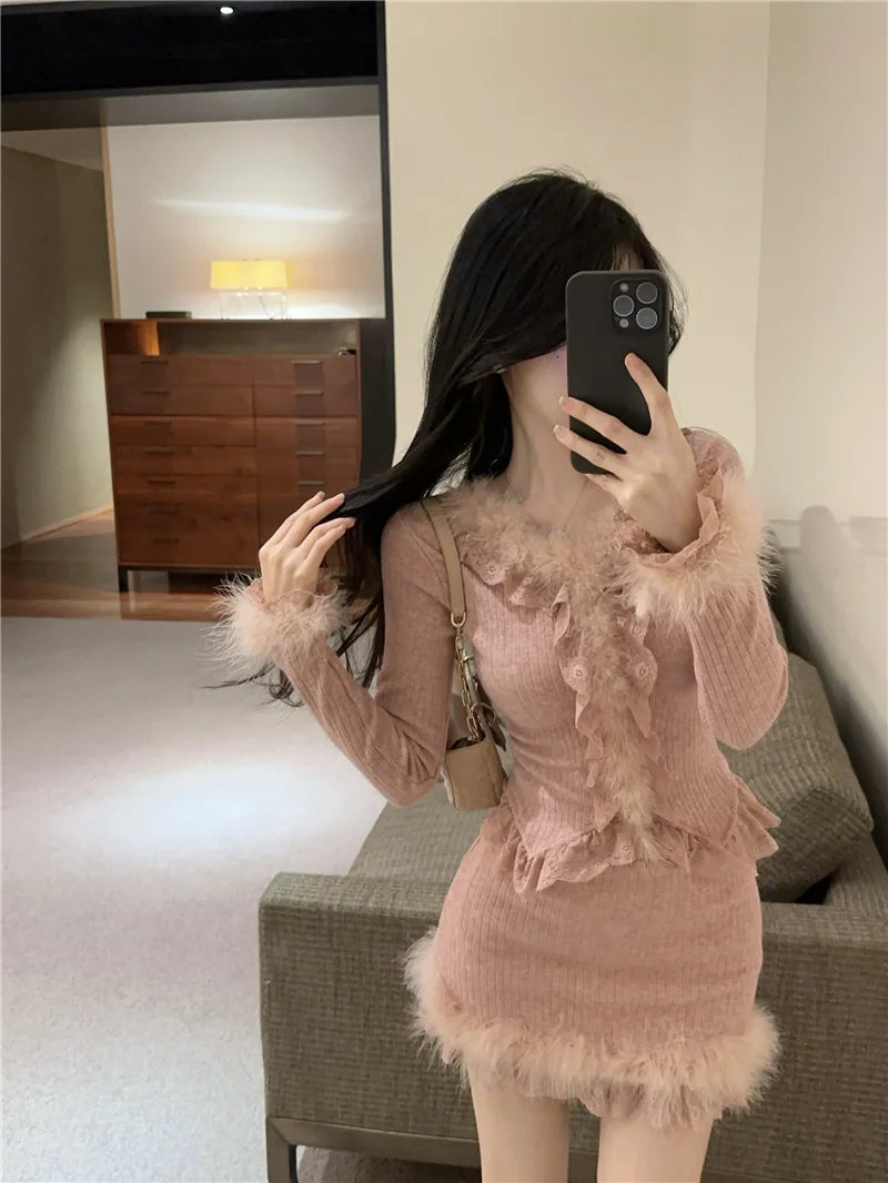 Autumn Winter Lace Splice Knitted Sve High Waist Slim Fit Bodycon Skirt Set V-Ne Soft Pure Desire Long Sve T-irt