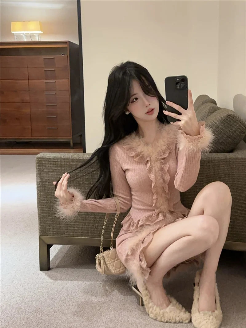 Autumn Winter Lace Splice Knitted Sve High Waist Slim Fit Bodycon Skirt Set V-Ne Soft Pure Desire Long Sve T-irt
