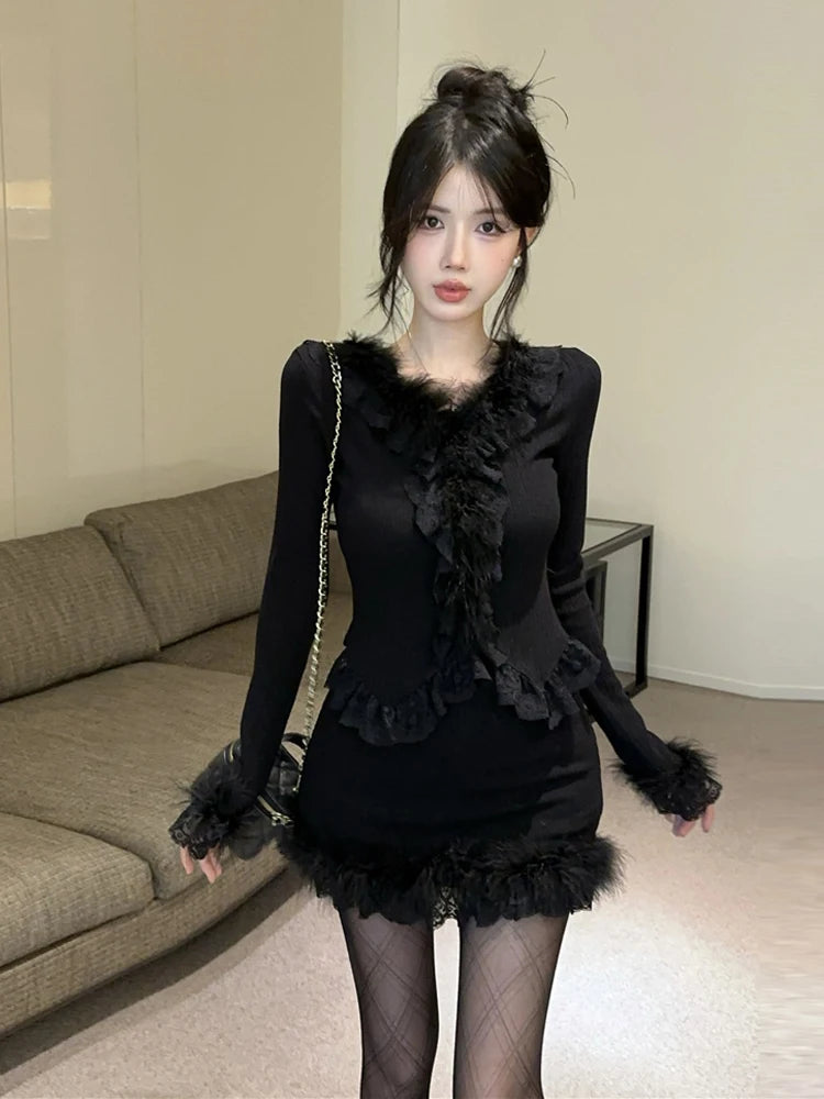 Autumn Winter Lace Splice Knitted Sve High Waist Slim Fit Bodycon Skirt Set V-Ne Soft Pure Desire Long Sve T-irt