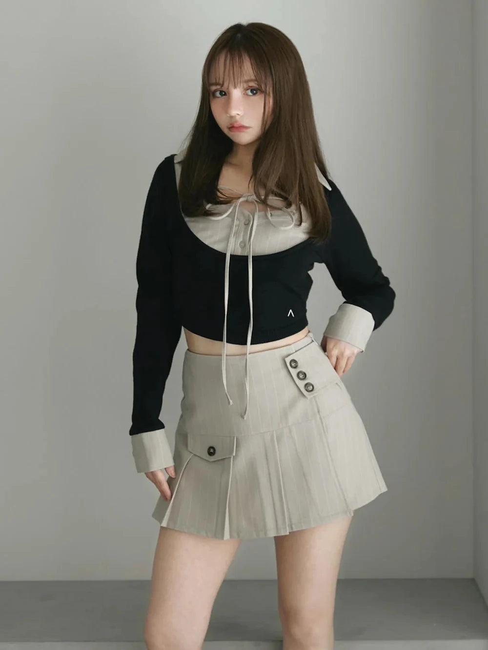 Japanese Sle Autumn Winter Striped f Skirt ort Skirt Set with Tie Long Sve Turn-down Collar Top Women's Hanfu