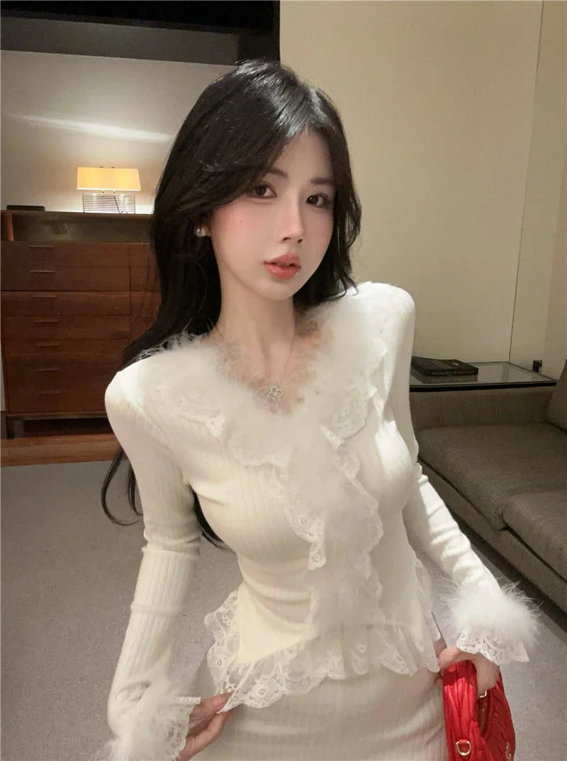 Autumn Winter Lace Splice Knitted Sve High Waist Slim Fit Bodycon Skirt Set V-Ne Soft Pure Desire Long Sve T-irt